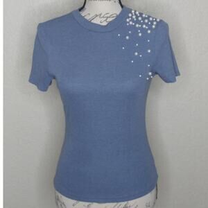 Shein Short Sleeve Beaded Detail Top Blue Size S/4